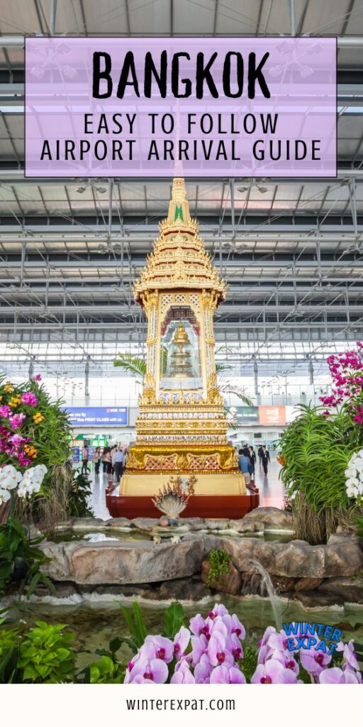 A vertical Pinterest pin showcasing a close-up view of the golden multi-headed naga serpent statue at the Bangkok airport terminal. Travelers walk below the sculpture near luxury duty-free shops. A white overlay box at the bottom reads "BANGKOK AIRPORT ARRIVAL MY STEP BY STEP TIPS". Original photo by Ariana of WinterExpat.