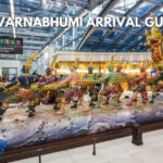 A wide graphic showing the large, colorful "Churning of the Milk Ocean" statue inside Suvarnabhumi Airport in Bangkok. Multiple traditional Thai figures pull a giant naga serpent. Large text overlay reads "SUVARNABHUMI ARRIVAL GUIDE" across the top, with a WinterExpat logo in the bottom left corner. Original photo by Ariana of WinterExpat.