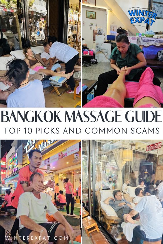Four-photo collage from a Bangkok massage guide showing Z and Ariana receiving Thai massages and foot massages at different massage places around Bangkok, including street-side and indoor locations. The center text reads "Bangkok Massage Guide: Top 10 Picks and Common Scams." Original photo by Ariana of WinterExpat.