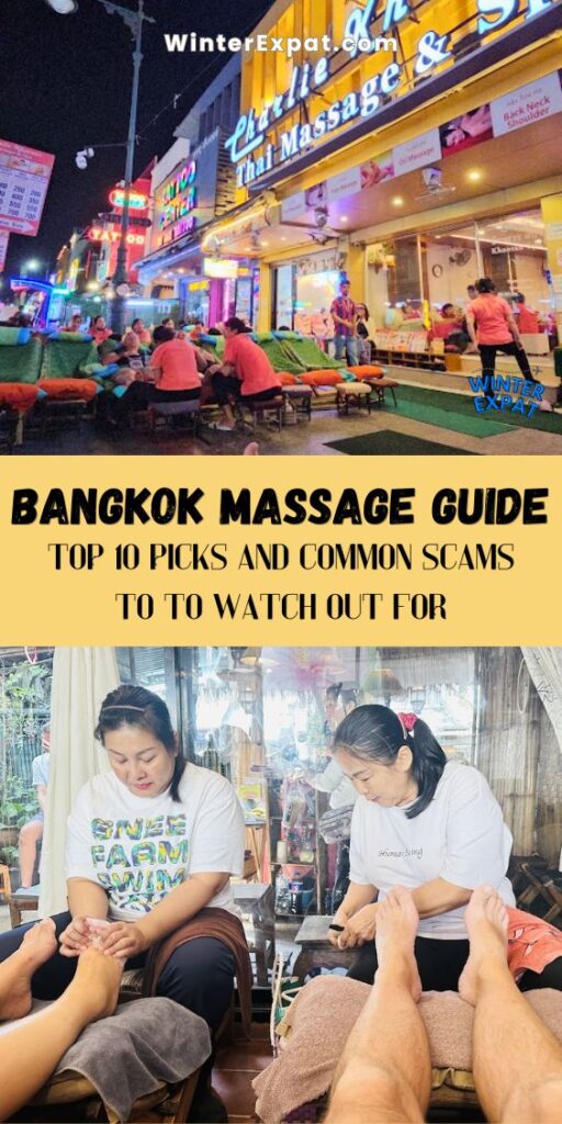 Vertical Pinterest graphic for a Bangkok massage guide showing a busy street lined with outdoor massage chairs at night above two women giving foot massages to Z and Ariana. The text reads "Bangkok Massage Guide: Top 10 Picks and Common Scams to Watch Out For." Original photo by Ariana of WinterExpat.