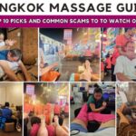 Collage promoting a Bangkok massage guide featuring several massage experiences, including Thai massage, foot massage, and street-side massage chairs in Bangkok. The photos show Z and Ariana trying different massage places, with the title "Bangkok Massage Guide: My Top 10 Picks and Common Scams to Watch Out For" across the top. Original photo by Ariana of WinterExpat.