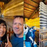 Ariana and Z standing beside the giant Reclining Buddha inside Wat Pho in Bangkok, alongside a second view showing the full length of the famous gold-covered statue and visitors walking through the temple. Original photo by Ariana of WinterExpat.