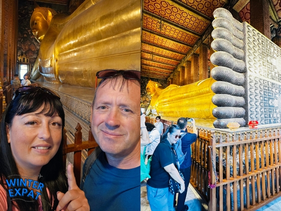 Ariana and Z standing beside the giant Reclining Buddha inside Wat Pho in Bangkok, alongside a second view showing the full length of the famous gold-covered statue and visitors walking through the temple. Original photo by Ariana of WinterExpat.